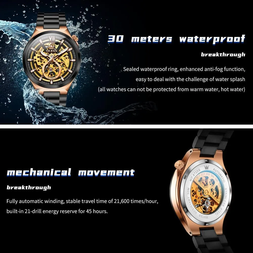 Mechanical Sapphire Crystal Stainless Steel 3AT Waterproof Luminous Business Men Wrist Watch OLEVS Skeleton Watch for Men Automatic Self slide predominate Winding 