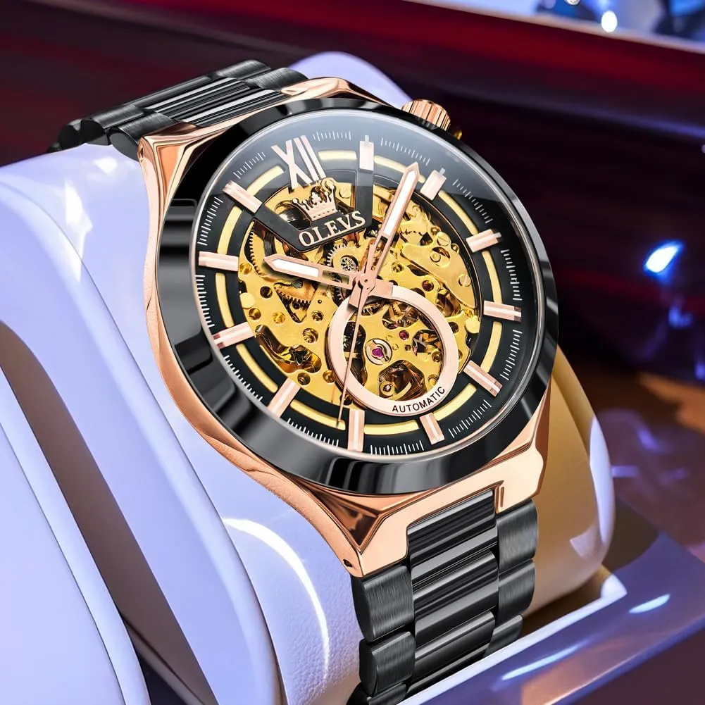 Mechanical Sapphire Crystal Stainless Steel 3AT Waterproof Luminous Business Men Wrist Watch OLEVS Skeleton Watch for Men Automatic Self slide predominate Winding 