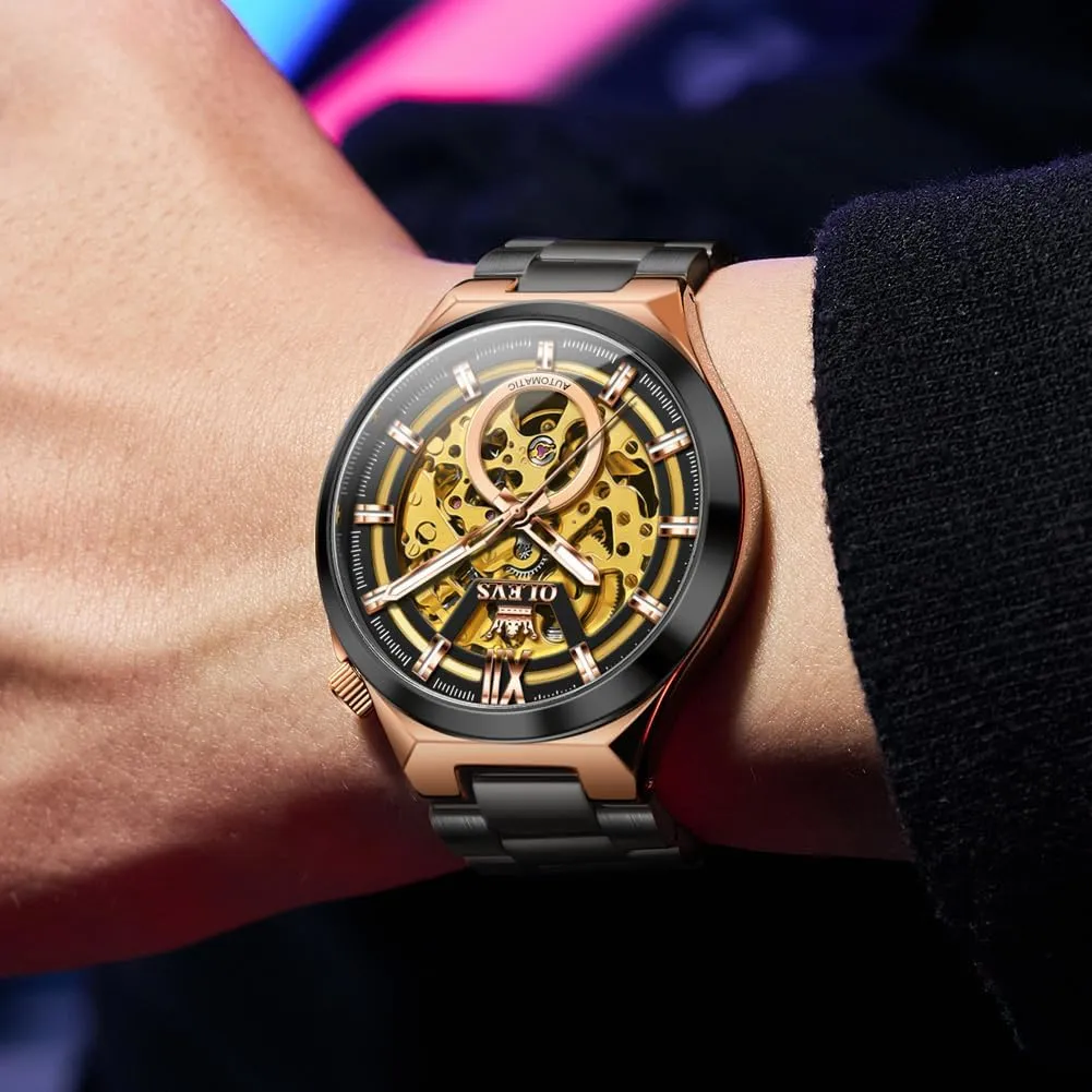 Mechanical Sapphire Crystal Stainless Steel 3AT Waterproof Luminous Business Men Wrist Watch OLEVS Skeleton Watch for Men Automatic Self slide predominate Winding 
