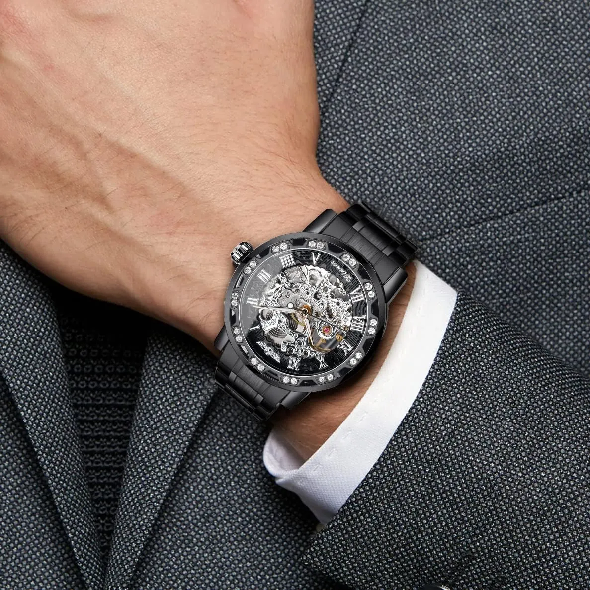 Mechanical Skeleton Watch with Diamond and Carving Flower Craft Men Skeleton Wrist Watch Mechanical Classic Roman geometric neurospora Number Winner Retro Manual 