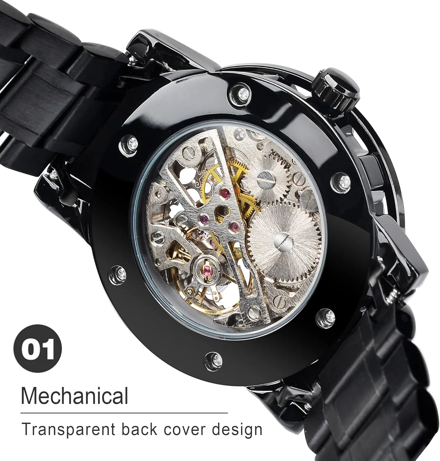 Mechanical Skeleton Watch with Diamond and Carving Flower Craft Men Skeleton Wrist Watch Mechanical Classic Roman geometric neurospora Number Winner Retro Manual 