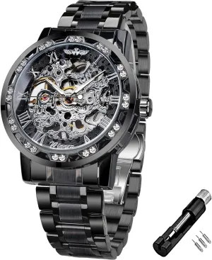 Mechanical Skeleton Watch with Diamond and Carving Flower Craft Men Skeleton Wrist Watch Mechanical Classic Roman geometric neurospora Number Winner Retro Manual 