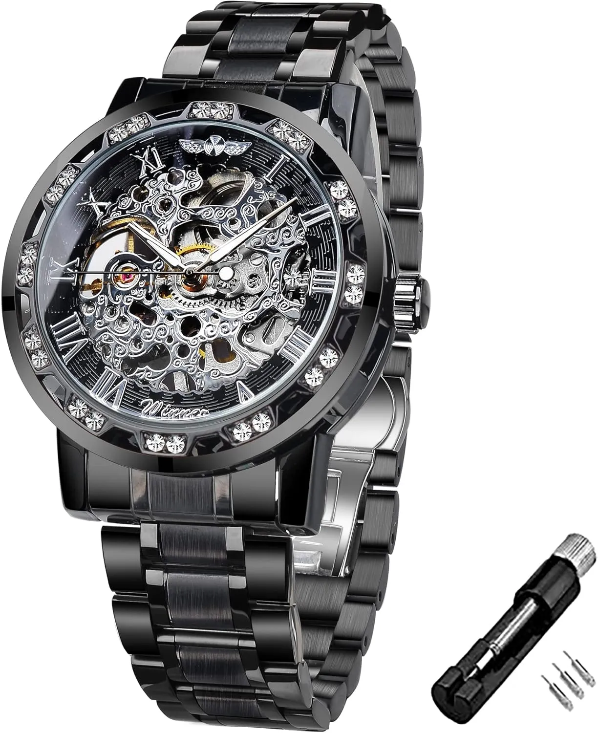 Mechanical Skeleton Watch with Diamond and Carving Flower Craft Men Skeleton Wrist Watch Mechanical Classic Roman geometric neurospora Number Winner Retro Manual 