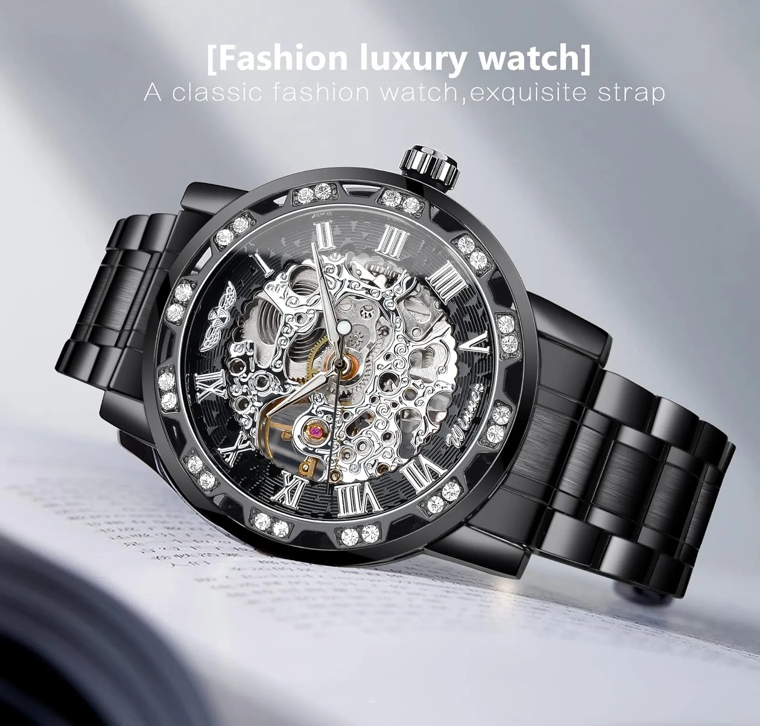 Mechanical Skeleton Watch with Diamond and Carving Flower Craft Men Skeleton Wrist Watch Mechanical Classic Roman geometric neurospora Number Winner Retro Manual 