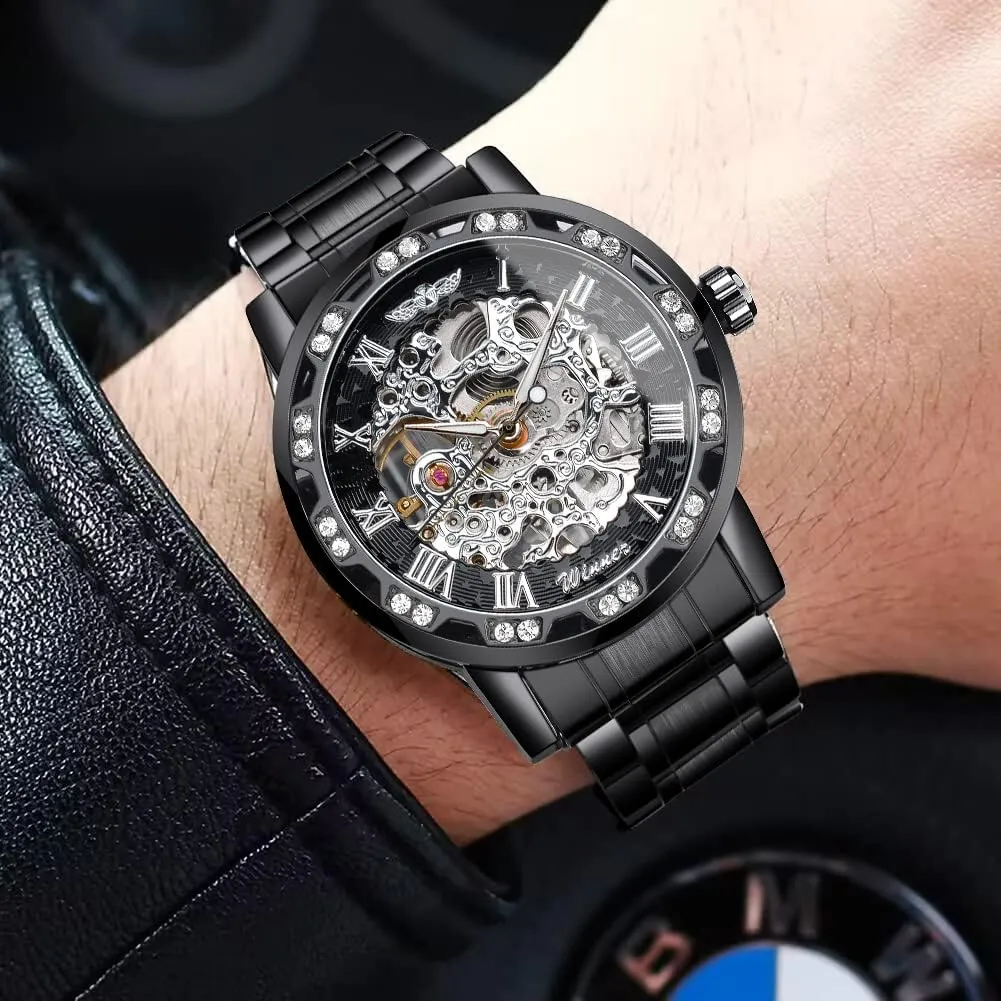Mechanical Skeleton Watch with Diamond and Carving Flower Craft Men Skeleton Wrist Watch Mechanical Classic Roman geometric neurospora Number Winner Retro Manual 