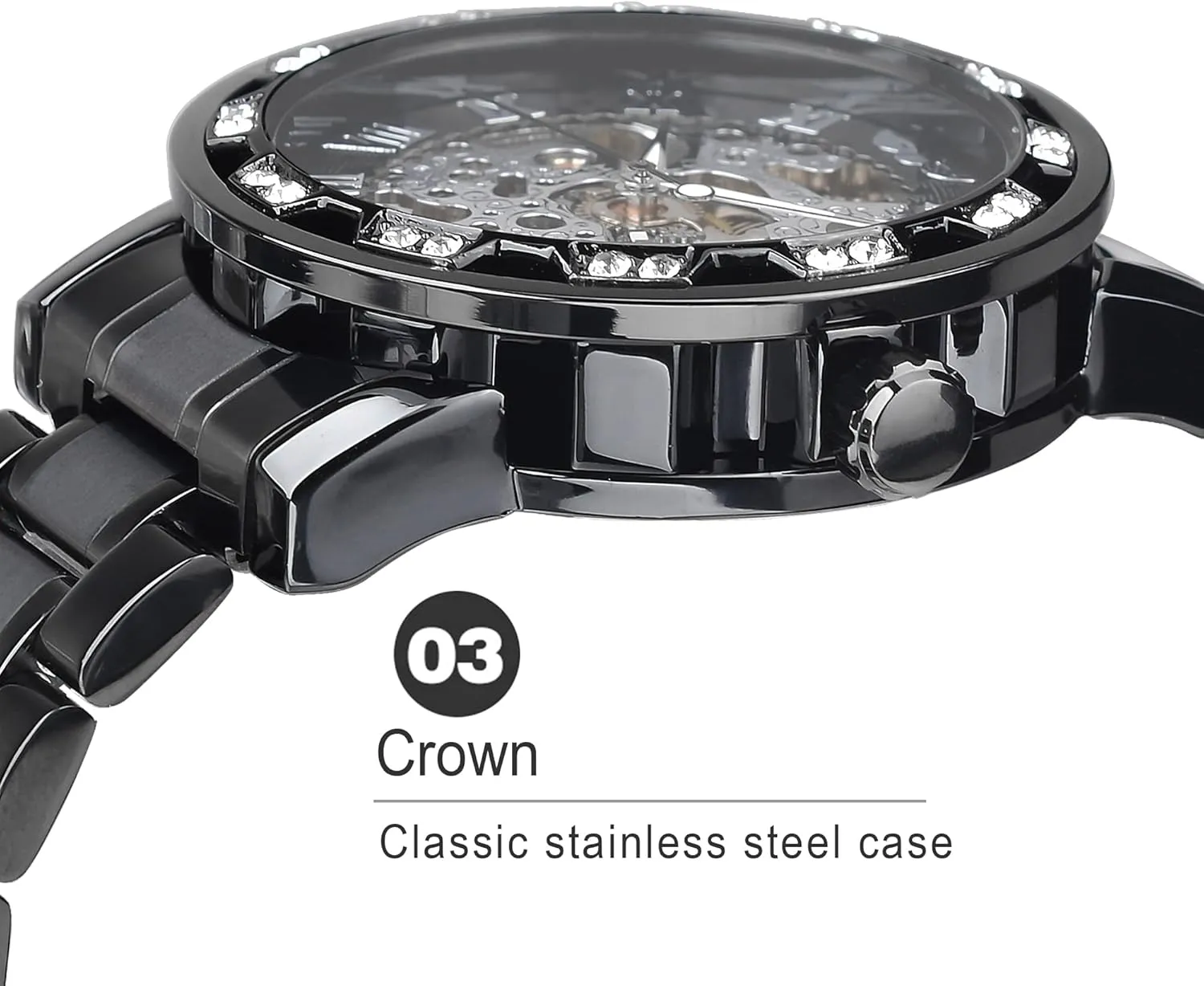 Mechanical Skeleton Watch with Diamond and Carving Flower Craft Men Skeleton Wrist Watch Mechanical Classic Roman geometric neurospora Number Winner Retro Manual 