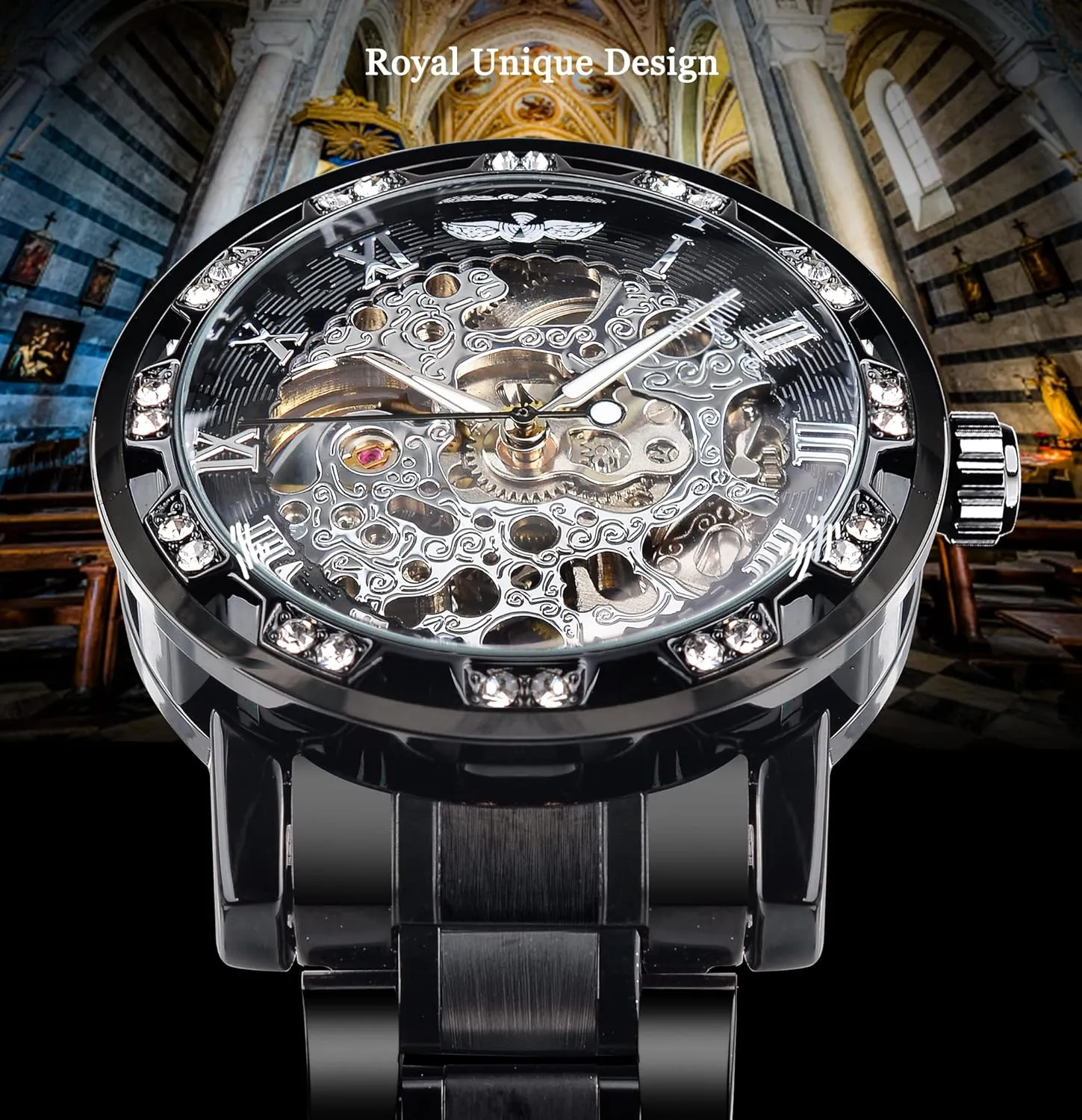 Mechanical Skeleton Watch with Diamond and Carving Flower Craft Men Skeleton Wrist Watch Mechanical Classic Roman geometric neurospora Number Winner Retro Manual 