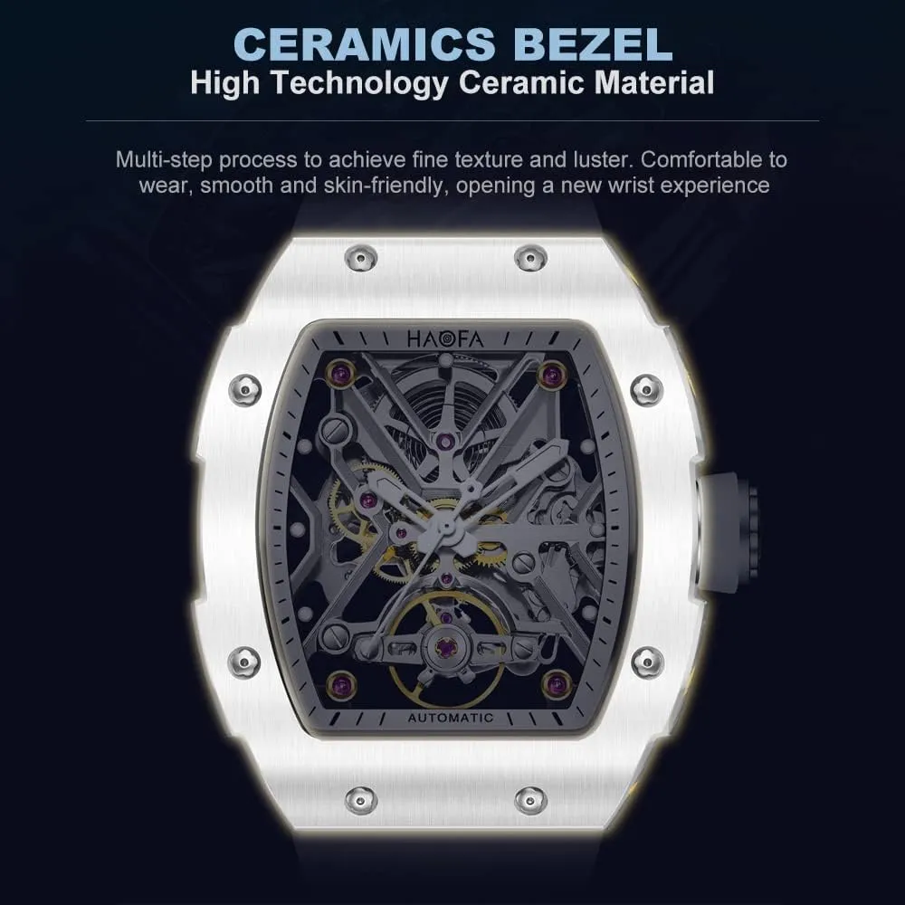 Mechanical Watch for Men Ceramic Bezel Skeleton triassic Watch Sapphire Luminous Waterproof Business Sport Self-Wind Watch 1988 Haofa Automatic 