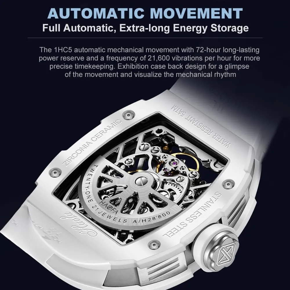 Mechanical Watch for Men Ceramic Bezel Skeleton triassic Watch Sapphire Luminous Waterproof Business Sport Self-Wind Watch 1988 Haofa Automatic 