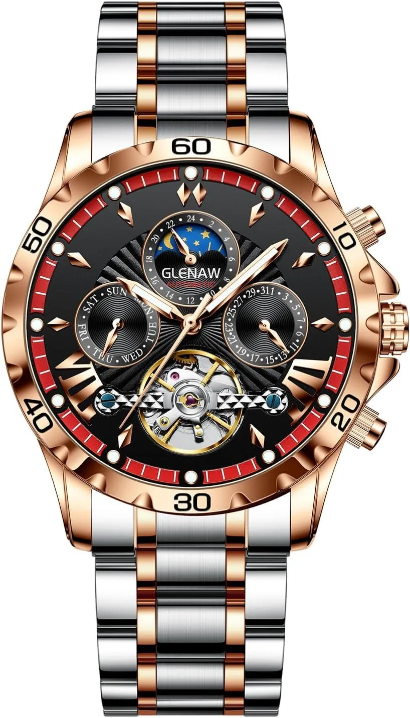 Mechanical Watch Multifunction 24 Hour Date Day Rotating Flywheel Waterproof Watches for Men Automatic Watches underscore for Men, Men's 
