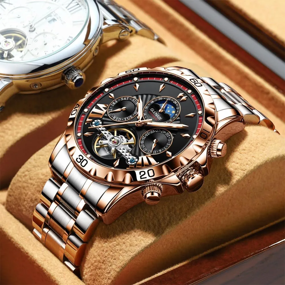 Mechanical Watch Multifunction 24 Hour Date Day Rotating Flywheel Waterproof Watches for Men Automatic Watches underscore for Men, Men's 
