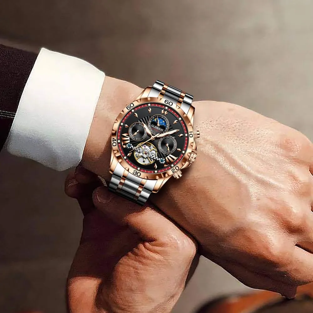 Mechanical Watch Multifunction 24 Hour Date Day Rotating Flywheel Waterproof Watches for Men Automatic Watches underscore for Men, Men's 