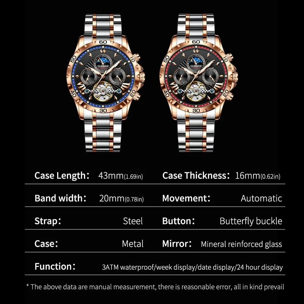 Mechanical Watch Multifunction 24 Hour Date Day Rotating Flywheel Waterproof Watches for Men Automatic Watches underscore for Men, Men's 