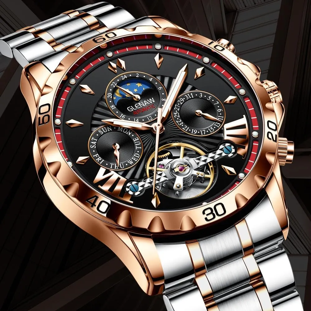 Mechanical Watch Multifunction 24 Hour Date Day Rotating Flywheel Waterproof Watches for Men Automatic Watches underscore for Men, Men's 