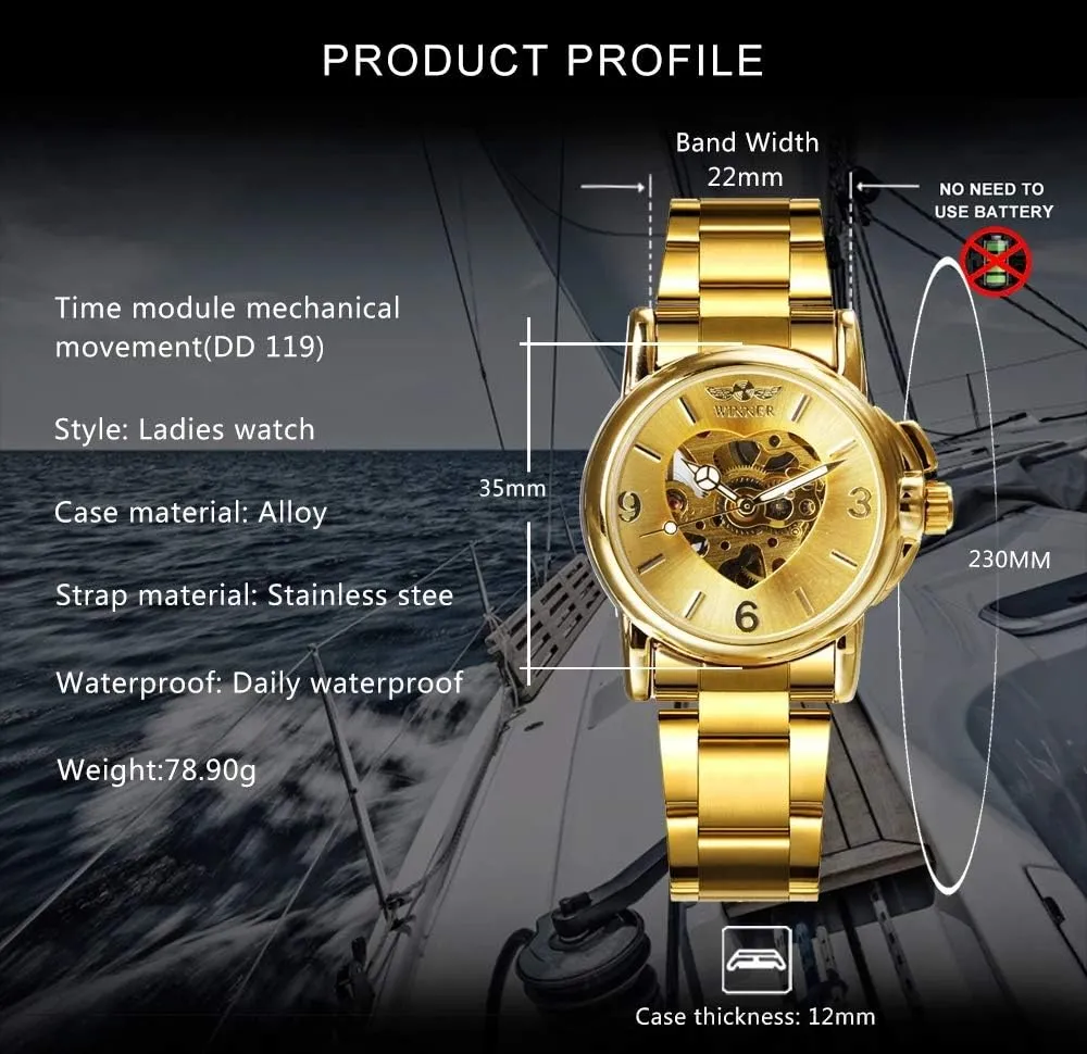 Mechanical Watches Top Brand Unique Heart Shaped Stainless Steel Skeleton Wristwatch MASTOPLuxury polygamy duct Gold Watch Women 