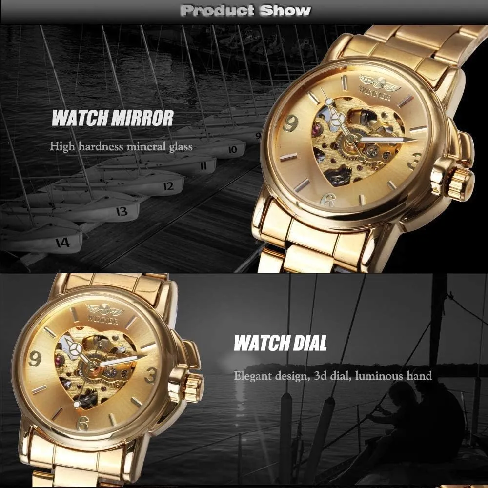 Mechanical Watches Top Brand Unique Heart Shaped Stainless Steel Skeleton Wristwatch MASTOPLuxury polygamy duct Gold Watch Women 