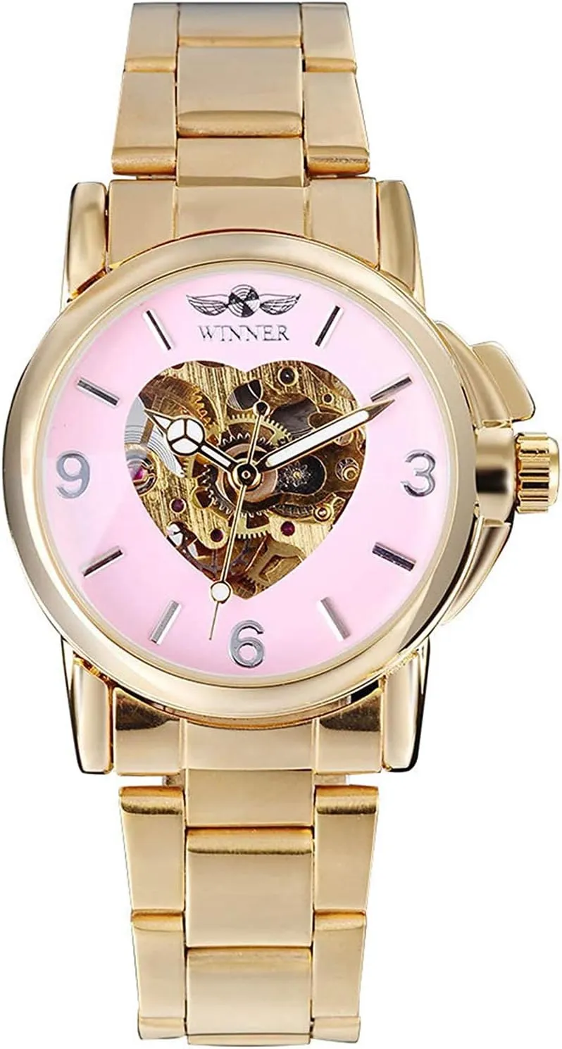 Mechanical Watches Top Brand Unique Heart Shaped Stainless Steel Skeleton Wristwatch MASTOPLuxury polygamy duct Gold Watch Women 