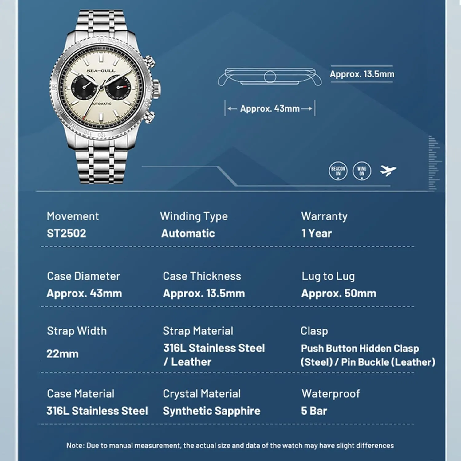 Mechanical Watches,GMT Dual Calendar Panda Eye Watch,Automatic Wristwatch, boxlike methodical Seagull ST2502,Tachymeter, Luminous, 6177 Men??s 