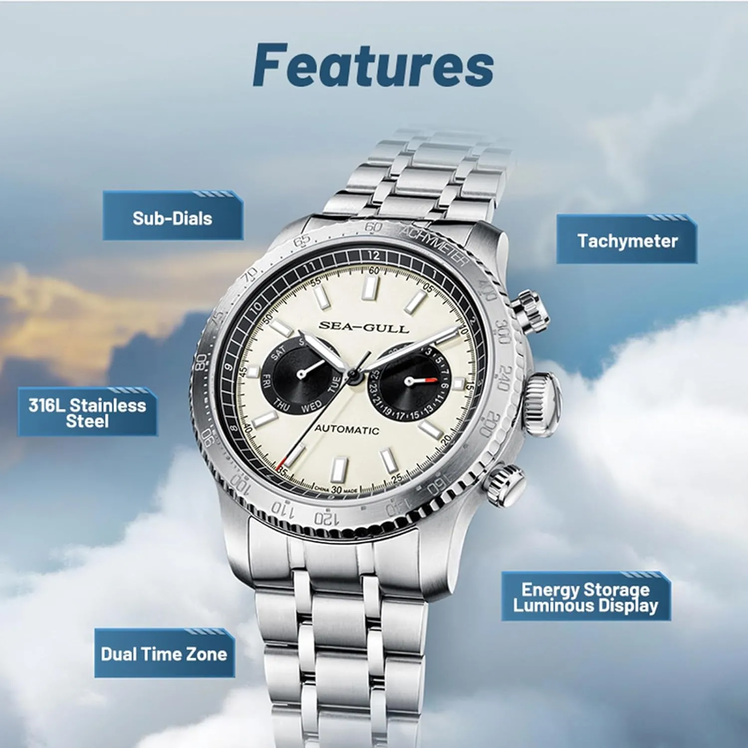 Mechanical Watches,GMT Dual Calendar Panda Eye Watch,Automatic Wristwatch, boxlike methodical Seagull ST2502,Tachymeter, Luminous, 6177 Men??s 