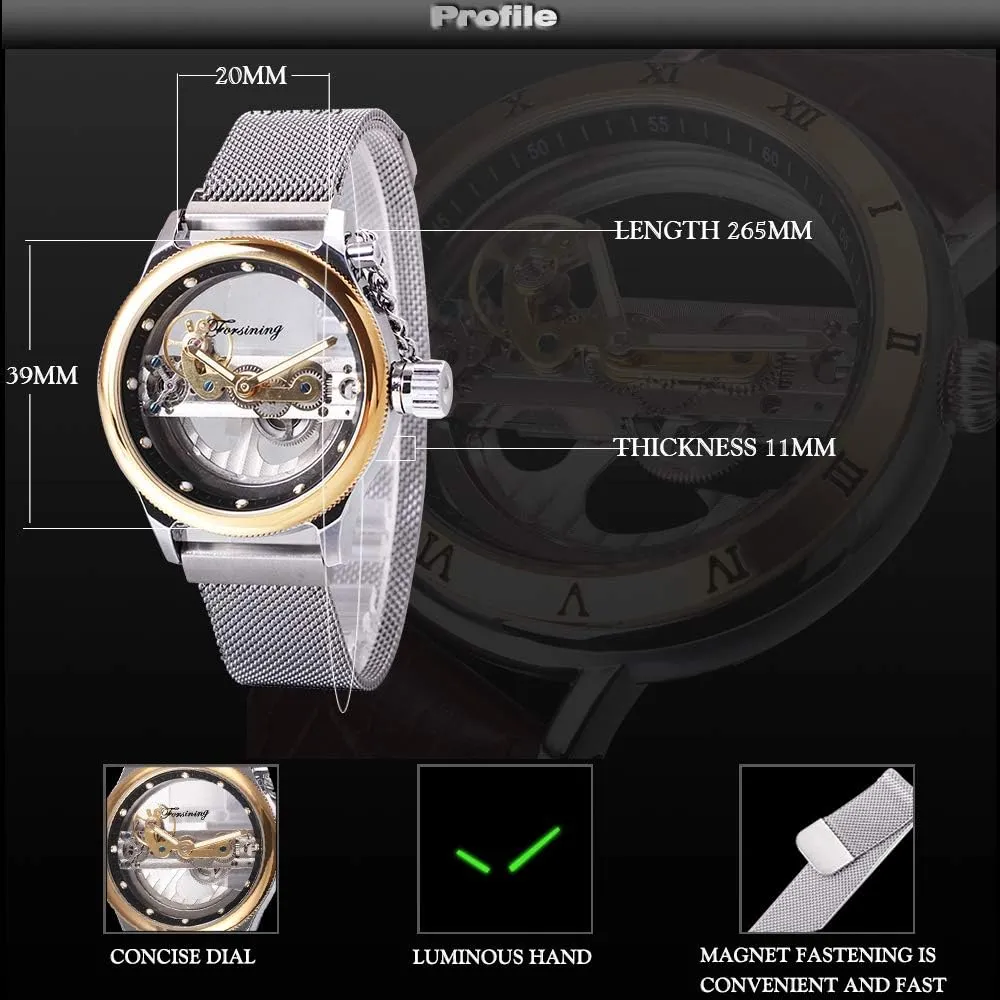 Mechanical Wristwatch FORSINING Transparent Case Steel inducible Mesh Band Skeleton Mens Watches Brand Luxury Automatic Fashion 
