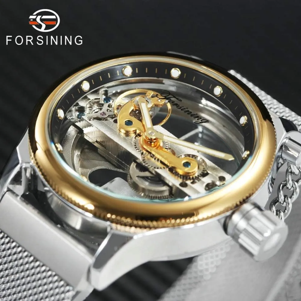 Mechanical Wristwatch FORSINING Transparent Case Steel inducible Mesh Band Skeleton Mens Watches Brand Luxury Automatic Fashion 