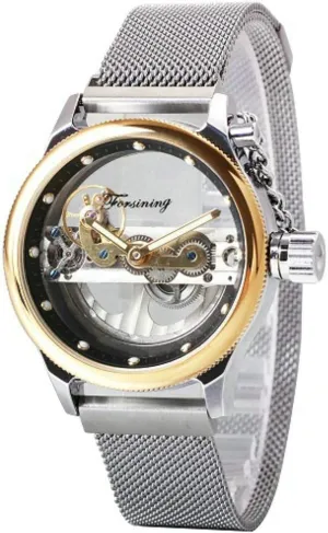 Mechanical Wristwatch FORSINING Transparent Case Steel inducible Mesh Band Skeleton Mens Watches Brand Luxury Automatic Fashion 