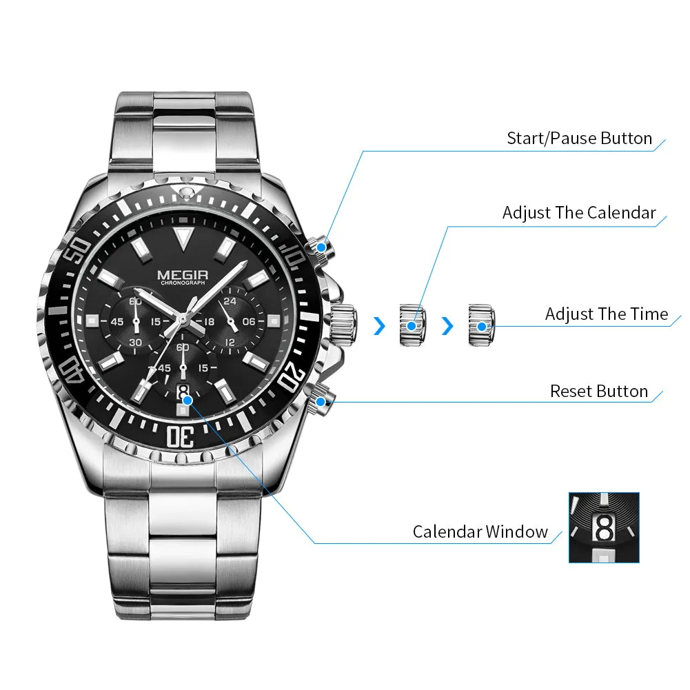 MEGIR Original Luxury Business Quartz Watch Men Brand Stainless Steel Chronograph Military WristWatch Clock Relogio Masculino