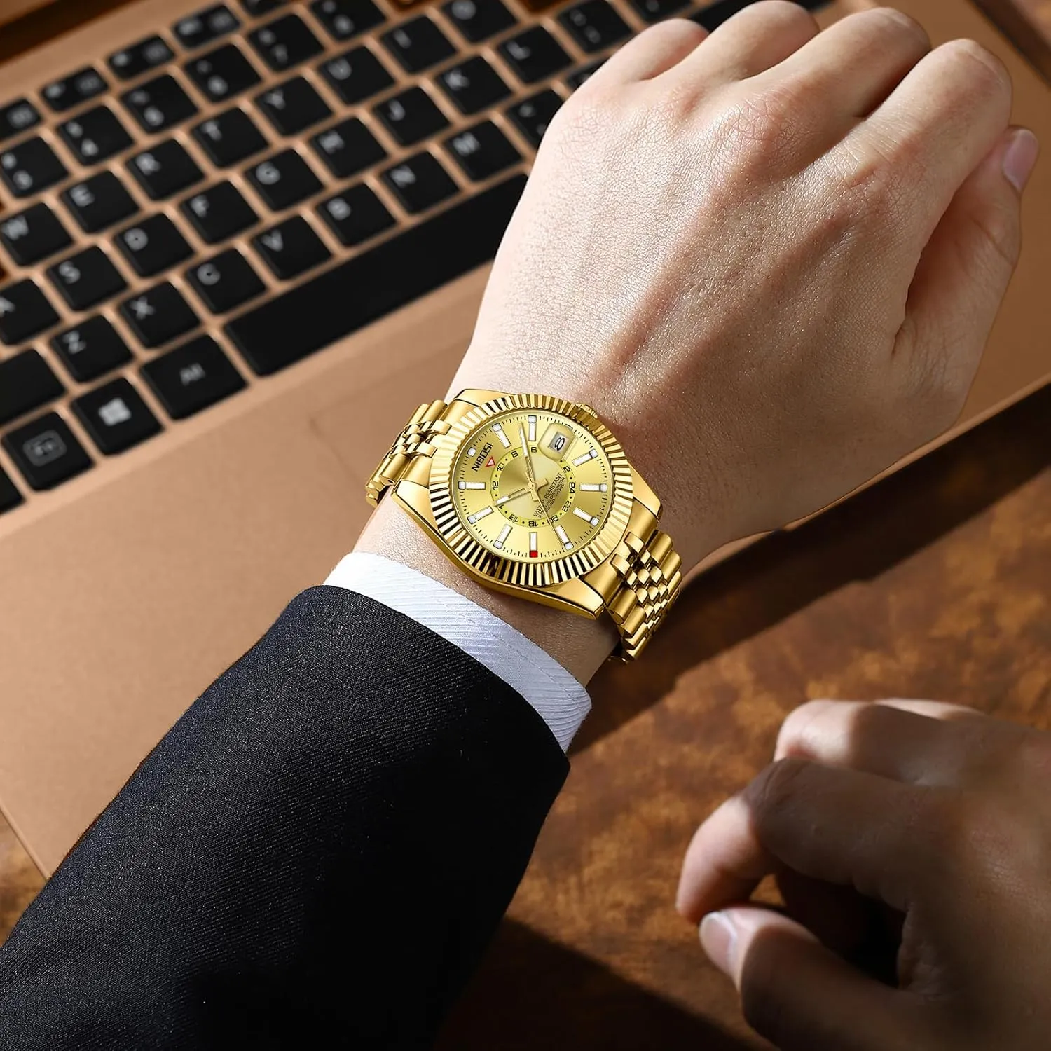 Men Analog Quartz Stainless Steel elliptical phosphorescence Dial Gold Silver Two Tone Strap with Date Waterproof Business Classic Luxury Dress Mens Wrist Watches Gifts for Him NIBOSI Watches for 