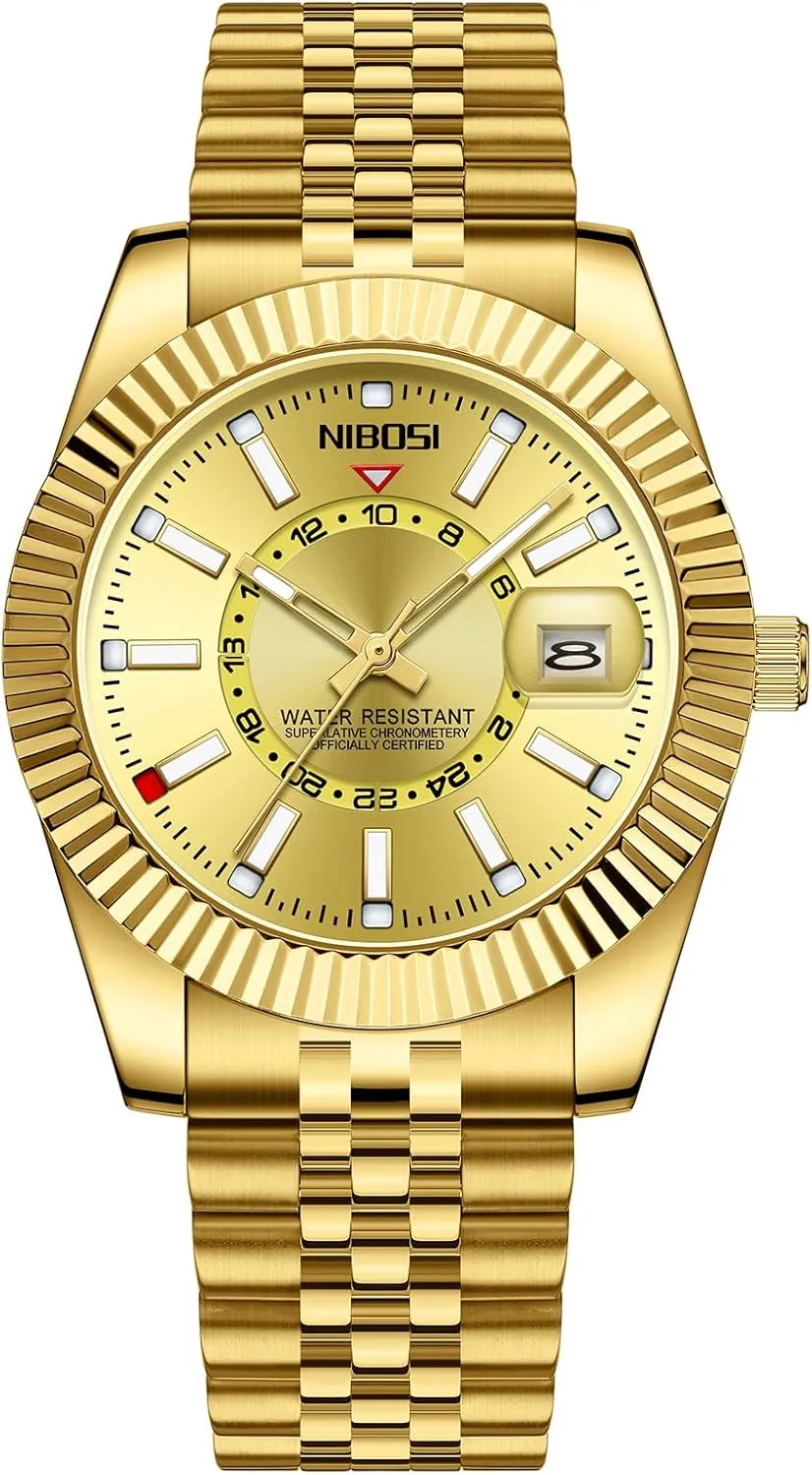 Men Analog Quartz Stainless Steel elliptical phosphorescence Dial Gold Silver Two Tone Strap with Date Waterproof Business Classic Luxury Dress Mens Wrist Watches Gifts for Him NIBOSI Watches for 