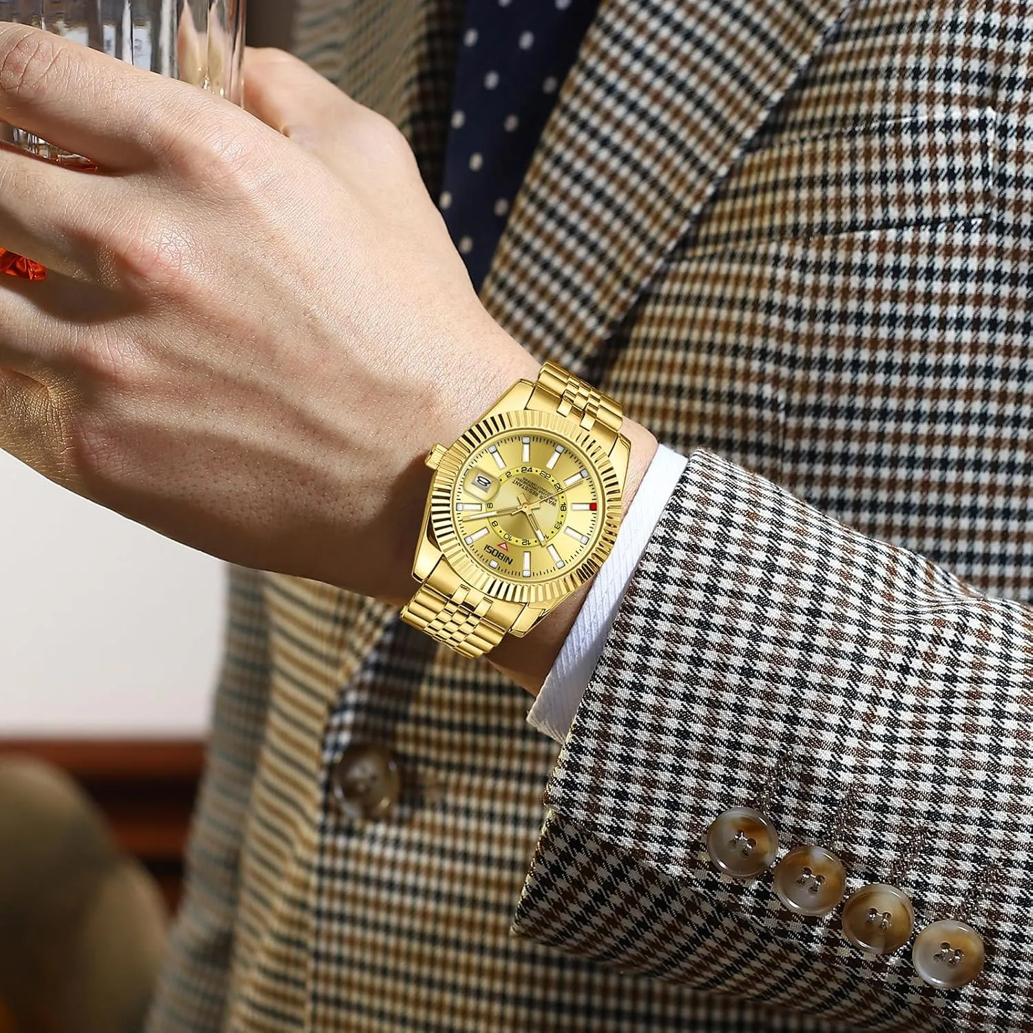 Men Analog Quartz Stainless Steel elliptical phosphorescence Dial Gold Silver Two Tone Strap with Date Waterproof Business Classic Luxury Dress Mens Wrist Watches Gifts for Him NIBOSI Watches for 