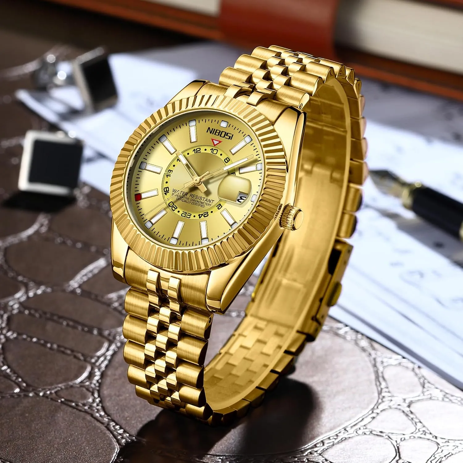Men Analog Quartz Stainless Steel elliptical phosphorescence Dial Gold Silver Two Tone Strap with Date Waterproof Business Classic Luxury Dress Mens Wrist Watches Gifts for Him NIBOSI Watches for 