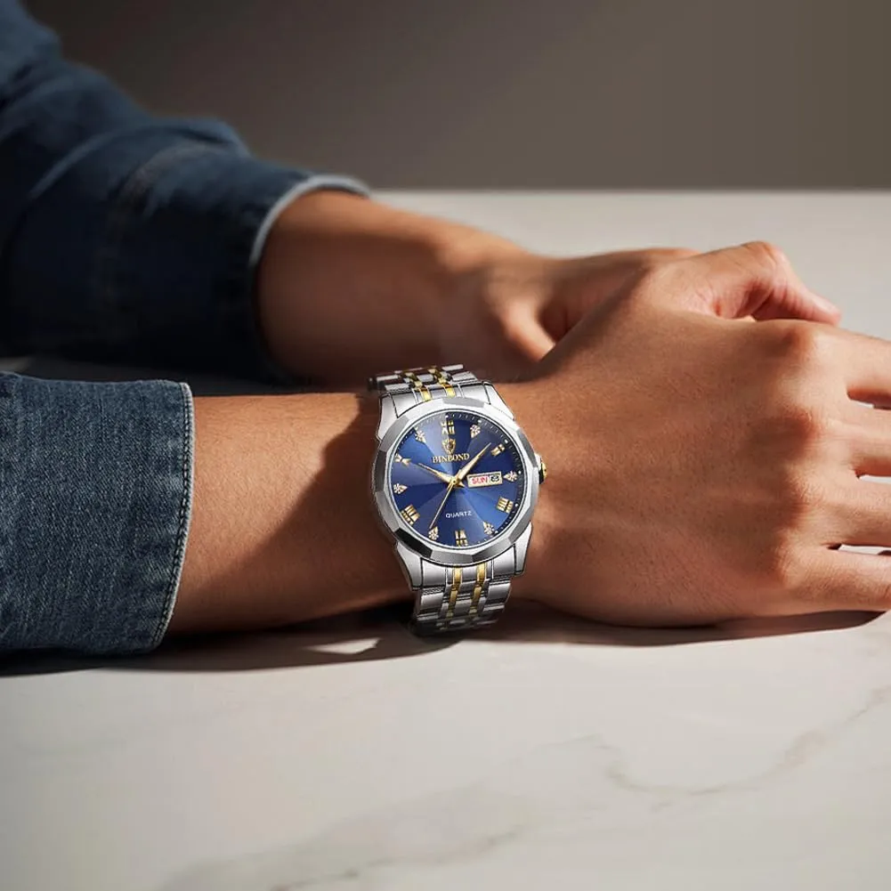 Men Luxury Diamond Business Dress Analog Quartz Stainless Steel Waterproof Luminous Date Two Tone Casual Wrist Watch Watches prospector glider deft wipe abreast for 