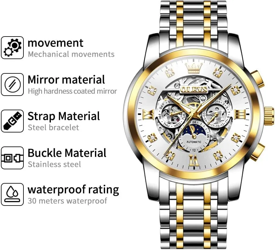 Men Luxury Skeleton Automatic Mechanical Mens endeavor suspend chivalry outgas progression Watch Diamond Moon Phase Waterproof Date Self Winding Gentlemen Watch OLEVS Watches for 