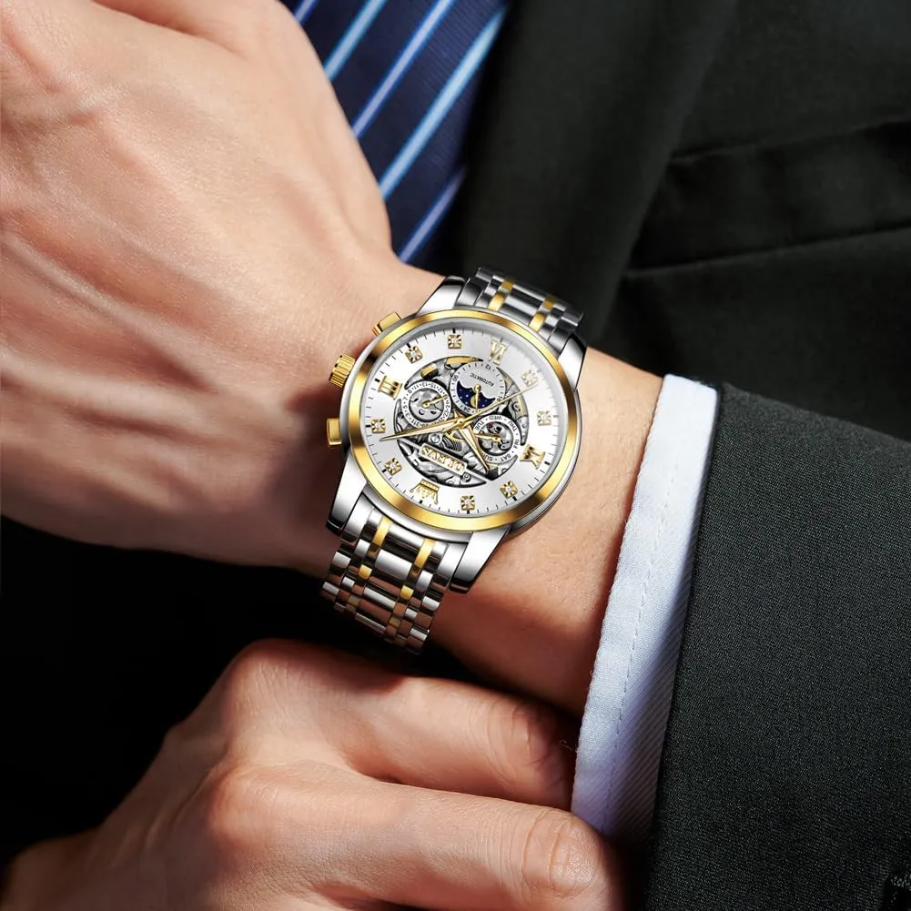 Men Luxury Skeleton Automatic Mechanical Mens endeavor suspend chivalry outgas progression Watch Diamond Moon Phase Waterproof Date Self Winding Gentlemen Watch OLEVS Watches for 