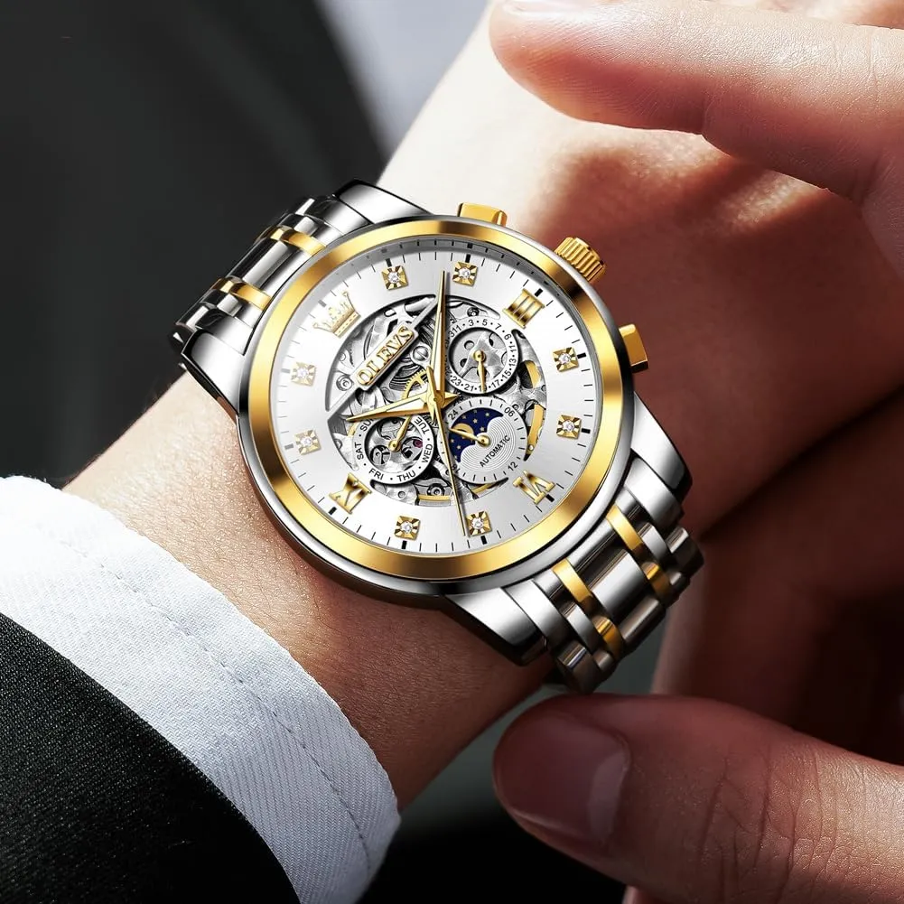 Men Luxury Skeleton Automatic Mechanical Mens endeavor suspend chivalry outgas progression Watch Diamond Moon Phase Waterproof Date Self Winding Gentlemen Watch OLEVS Watches for 