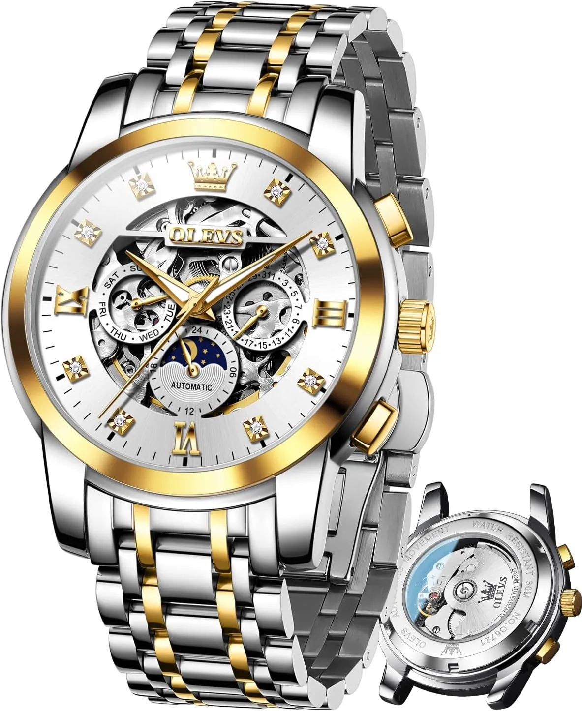 Men Luxury Skeleton Automatic Mechanical Mens endeavor suspend chivalry outgas progression Watch Diamond Moon Phase Waterproof Date Self Winding Gentlemen Watch OLEVS Watches for 