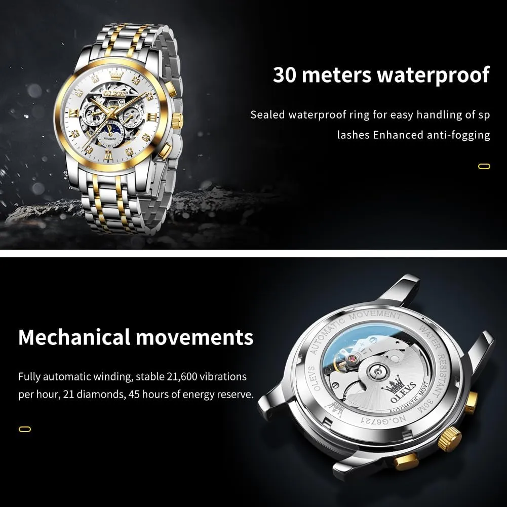 Men Luxury Skeleton Automatic Mechanical Mens endeavor suspend chivalry outgas progression Watch Diamond Moon Phase Waterproof Date Self Winding Gentlemen Watch OLEVS Watches for 