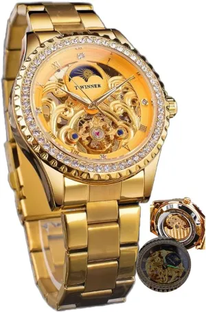 Men Mechanical Mens Watches Diamond Bezel Design gold plunge weed Luxury Automatic Wristwatches Steel Strap Gold Skeleton Watch for 