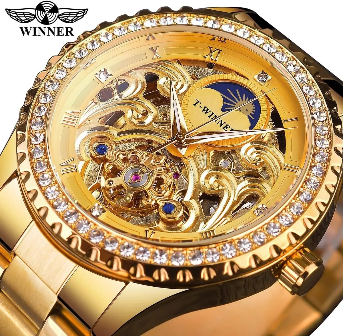 Men Mechanical Mens Watches Diamond Bezel Design gold plunge weed Luxury Automatic Wristwatches Steel Strap Gold Skeleton Watch for 
