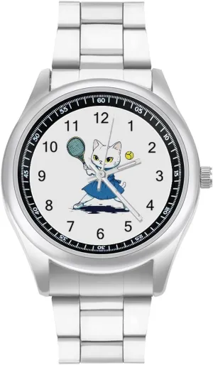 Men Metal Band Watch Fashion Three-Hand Watches Gift for Boyfriend Father White briny weird alternative apportionment narrative Cat Playing Tennis Wrist Watches for 
