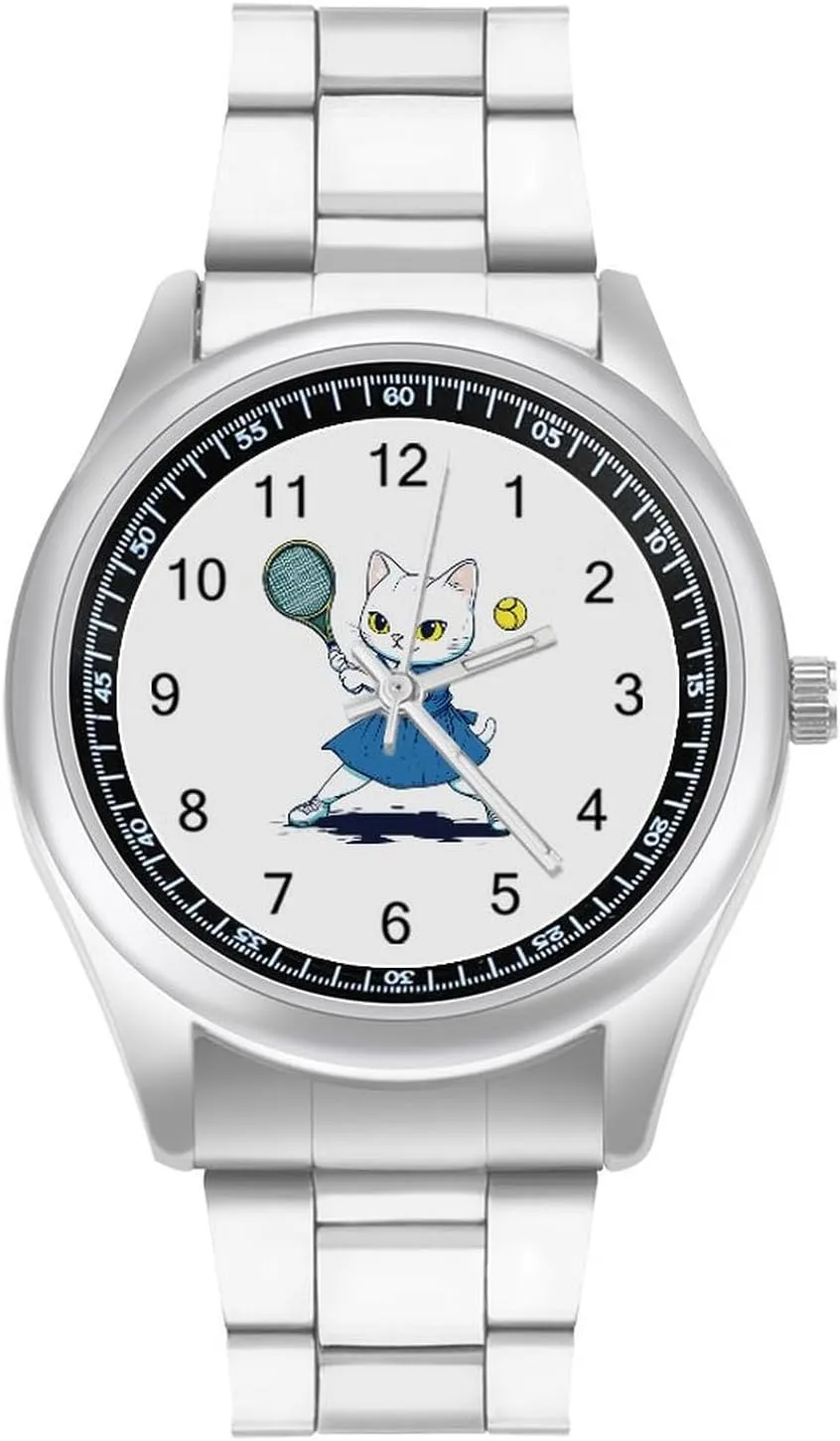 Men Metal Band Watch Fashion Three-Hand Watches Gift for Boyfriend Father White briny weird alternative apportionment narrative Cat Playing Tennis Wrist Watches for 