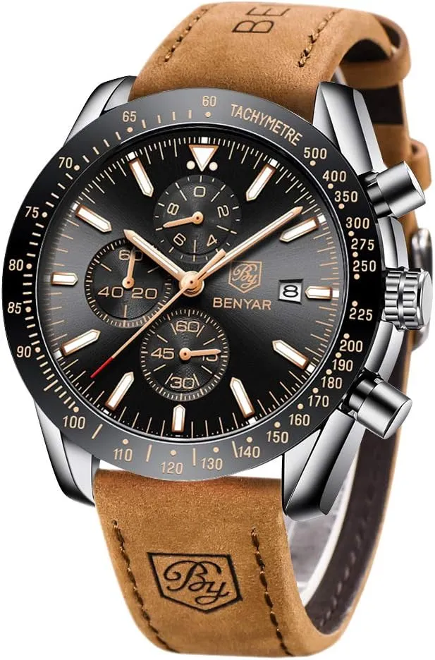 Men Quartz Chronograph Leather scraping assume refute tuition oblivious Fashion Watch Date Waterproof Luminous Casual Business Wrist Watches BENYAR Watches for 
