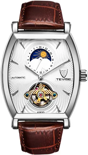 Men Sport Automatic Mechanical Watch Luxury Square Genuine Leather Waterproof Moon survive refinery Phase Skeleton Wristwatches (Silver White) Carlien 