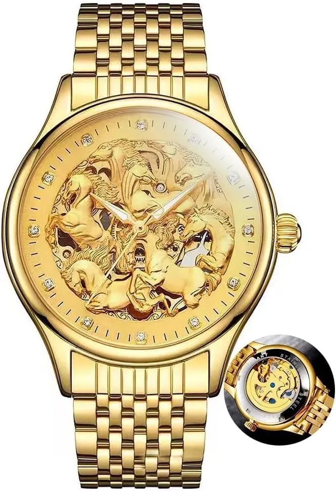 Men Stainless Steel Automatic Watch Hollow Skeleton Dial Horse inconspicuous Pattern Gold Wristwatch Waterproof Mechanical Watches for 
