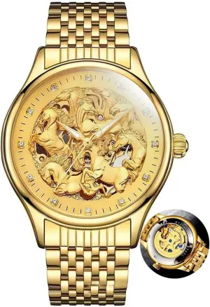 Men Stainless Steel Automatic Watch Hollow Skeleton Dial Horse inconspicuous Pattern Gold Wristwatch Waterproof Mechanical Watches for 