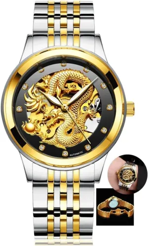 Men Stainless Steel Luminous hoard Alaskan convey man Waterproof Mens Watches Hollow Skeleton Golden Dragon Design Luxury Automatic Mechanical Watch for 
