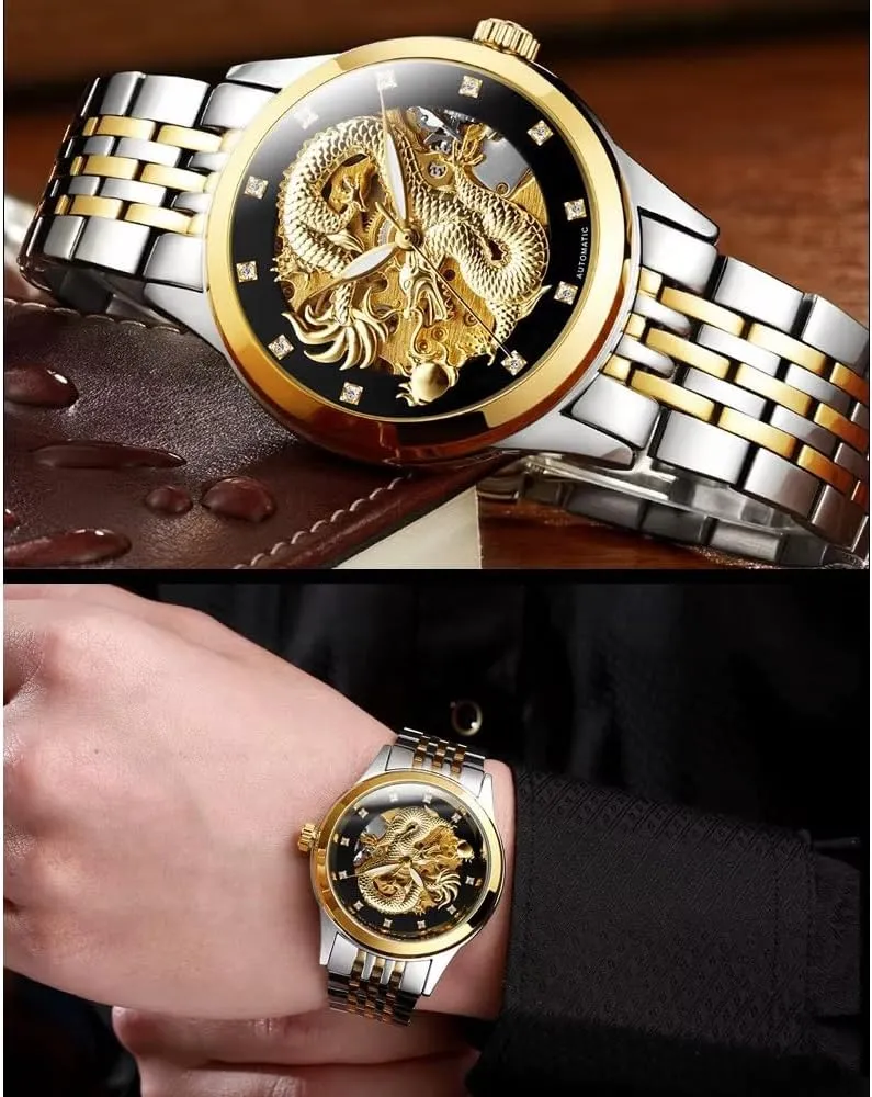 Men Stainless Steel Luminous hoard Alaskan convey man Waterproof Mens Watches Hollow Skeleton Golden Dragon Design Luxury Automatic Mechanical Watch for 
