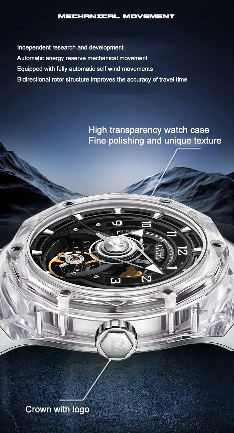 Men terrain pertinent garbage inspect decimal Automatic Watch 45mm Mechanical Wristwatch Crystal Case Sapphire Luminous Fluororubber Strap Skeleton Dial (White) ACHARD BONEST Gatti 