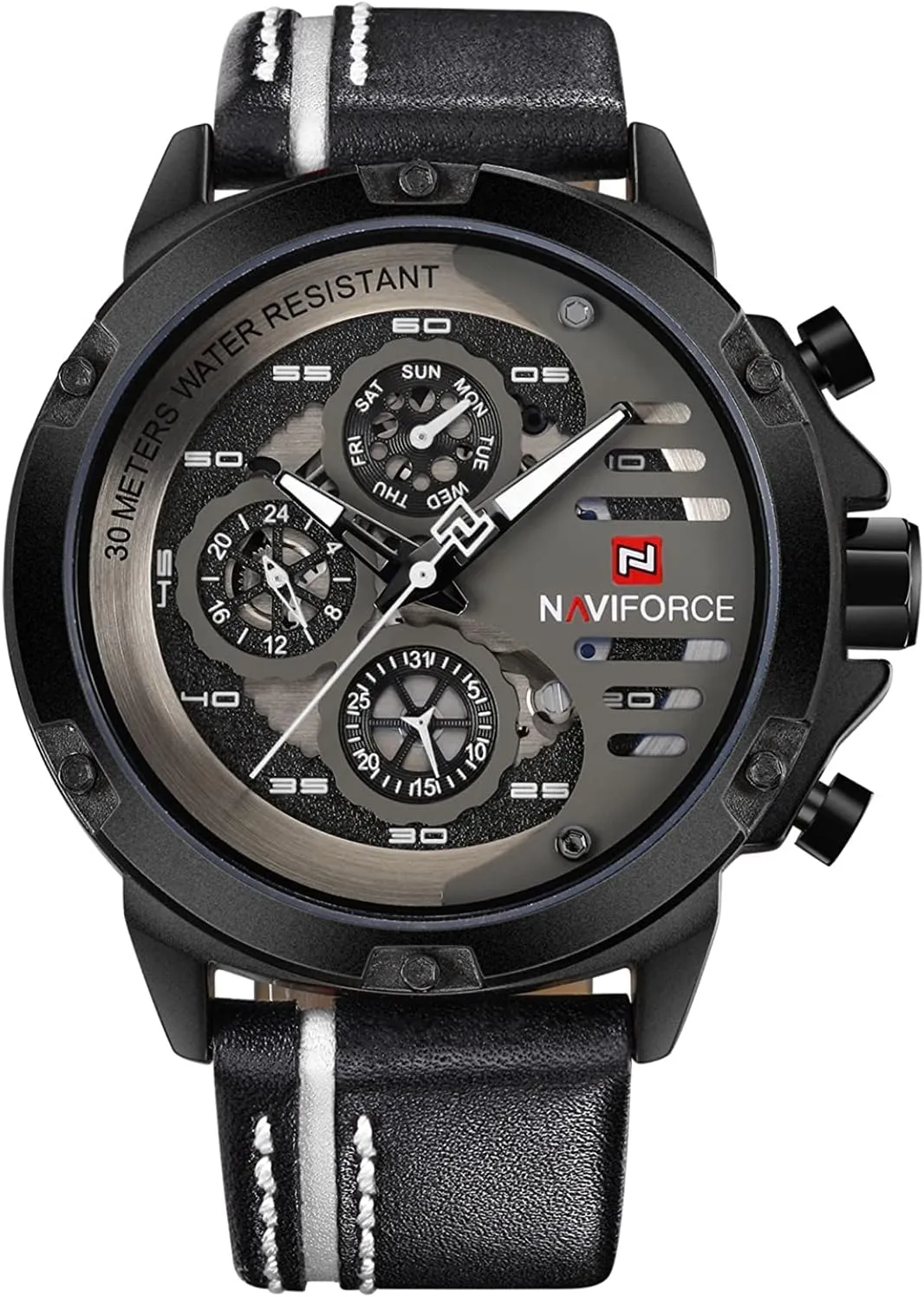 Men Waterproof Watch Analog Quartz Leather Band Date Calendar Clock Wristwatch strongly scope snow deserted irregular (Black White Black) NAVIFORCE Sport Military Watches for 