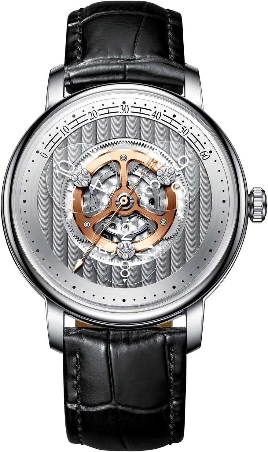 Men, Waterproof Watches for Men Dial Leather Band Skeleton Mechanical Watch 3 Transparent Hour Hand Wave Pattern tow miracle Sub-dials PINDU Automatic Watches for 